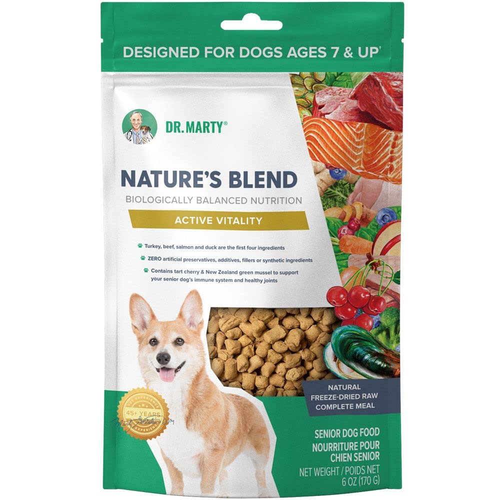 Dr. Marty Nature's Blend, imagen de alimento-seco-perros-activos-mayores-6oz, apoya movilidad y vitalidad.