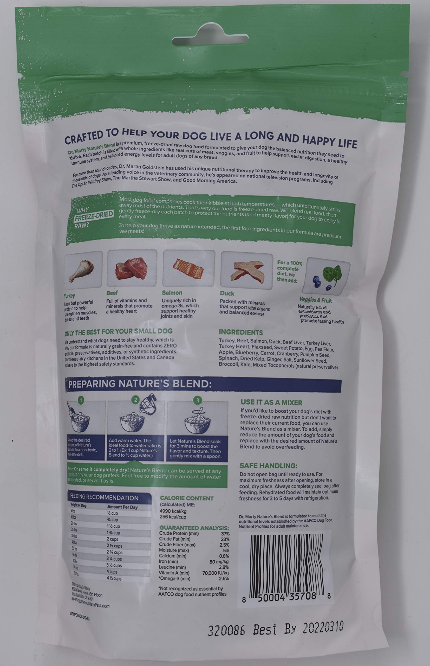 Dr. Marty Nature's Blend: trozos de pavo, res, salmón y pato para una dieta completa.