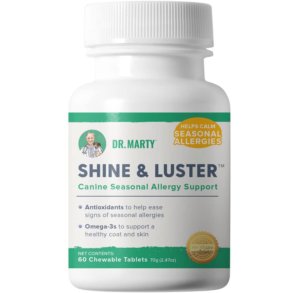 Dr. Marty Shine & Luster masticables para perros, apoyo estacional y brillo del pelaje.