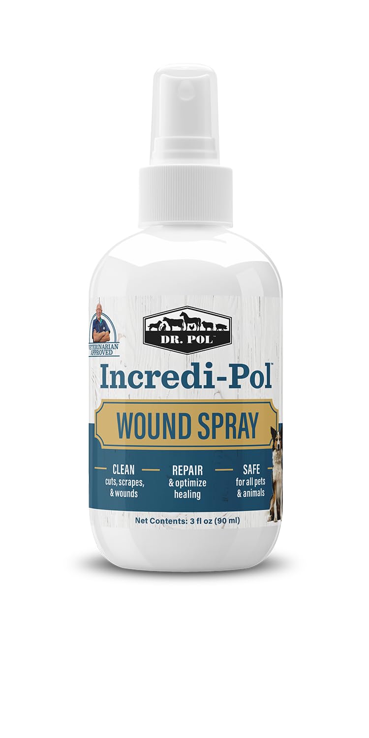 Dr. Pol Incredi-Pol Wound Spray, aplicación en la pata de perro, facilita el tratamiento de heridas