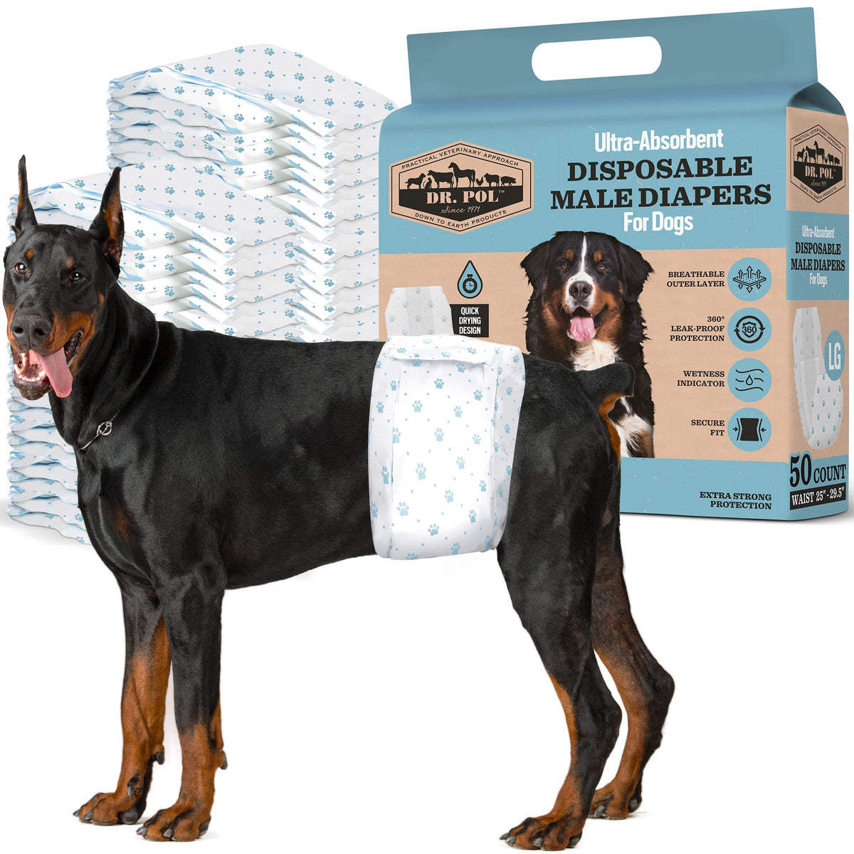 Pañales Dr. Pol para perros machos con protección 360 para evitar fugas.