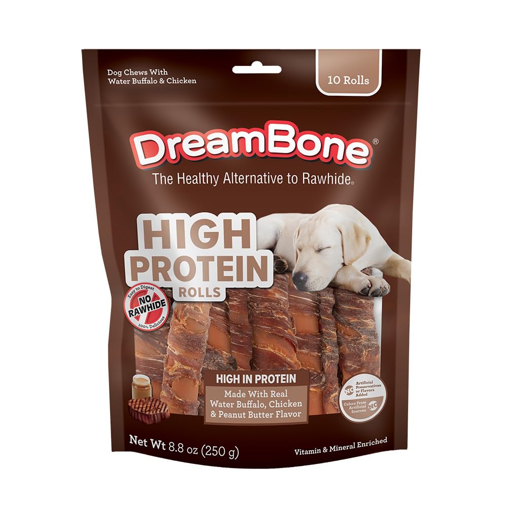 Rollos DreamBone de Alta Proteína en empaque, snack activo para perros
