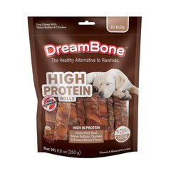Rollos DreamBone de Alta Proteína en empaque, snack activo para perros