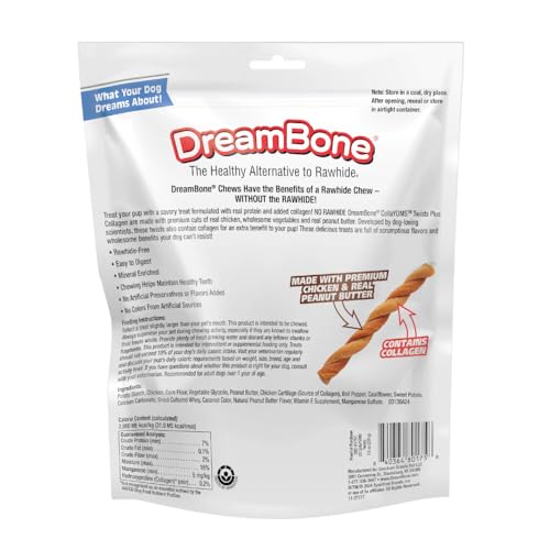 DreamBone CollaYUMS Twists con pollo, mantequilla de maní, sabor nutritivo.