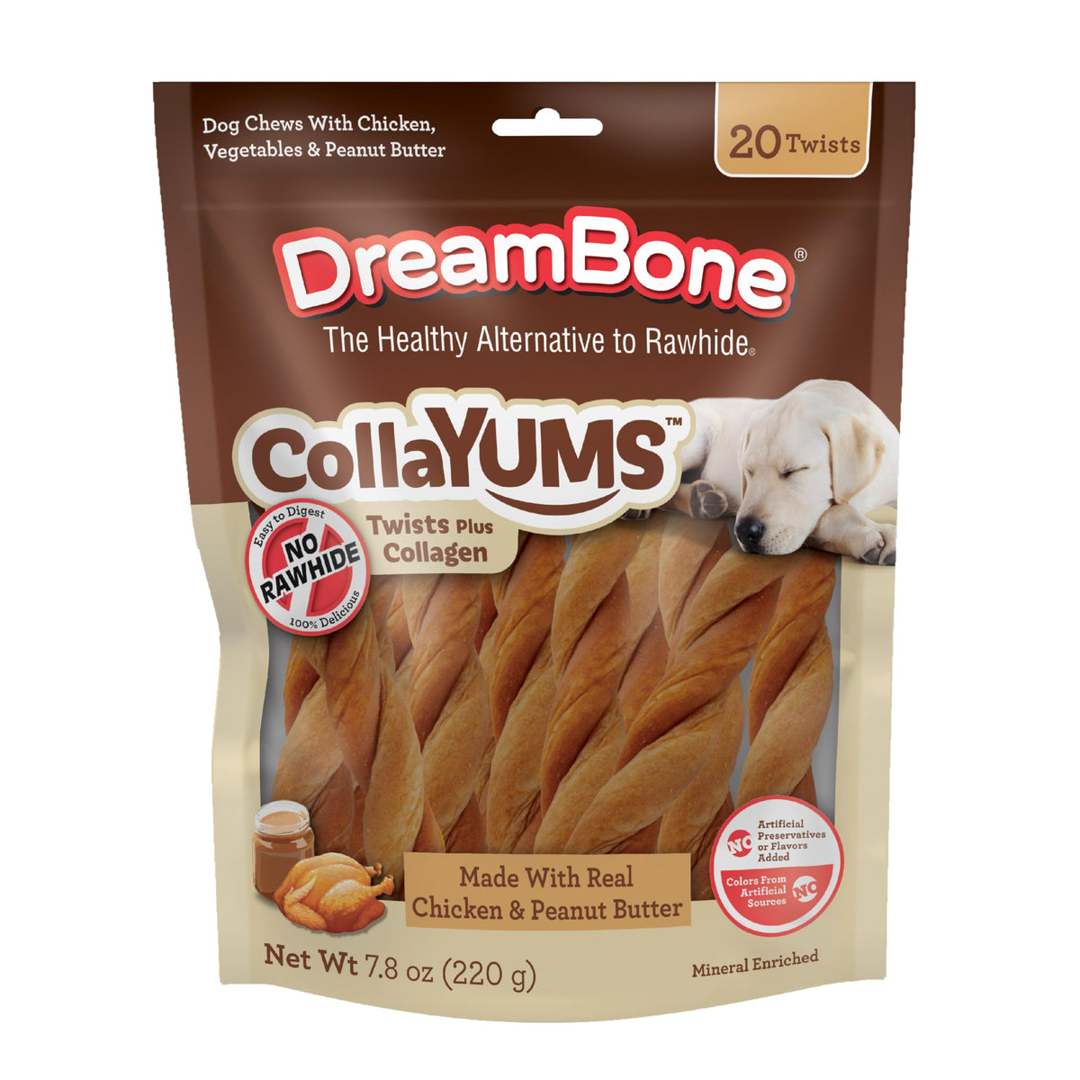 DreamBone CollaYUMS Twists con pollo y verduras, sabor atractivo para perros activos.