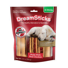 DreamBone DreamSticks con pollo real para perros, sin cuero crudo, sabor irresistible.