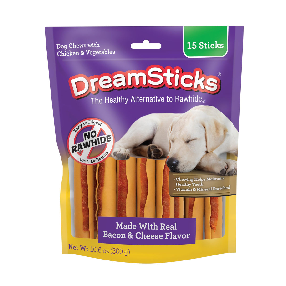 DreamBone DreamSticks sabor tocino queso para perros: premio sabroso sin cuero crudo