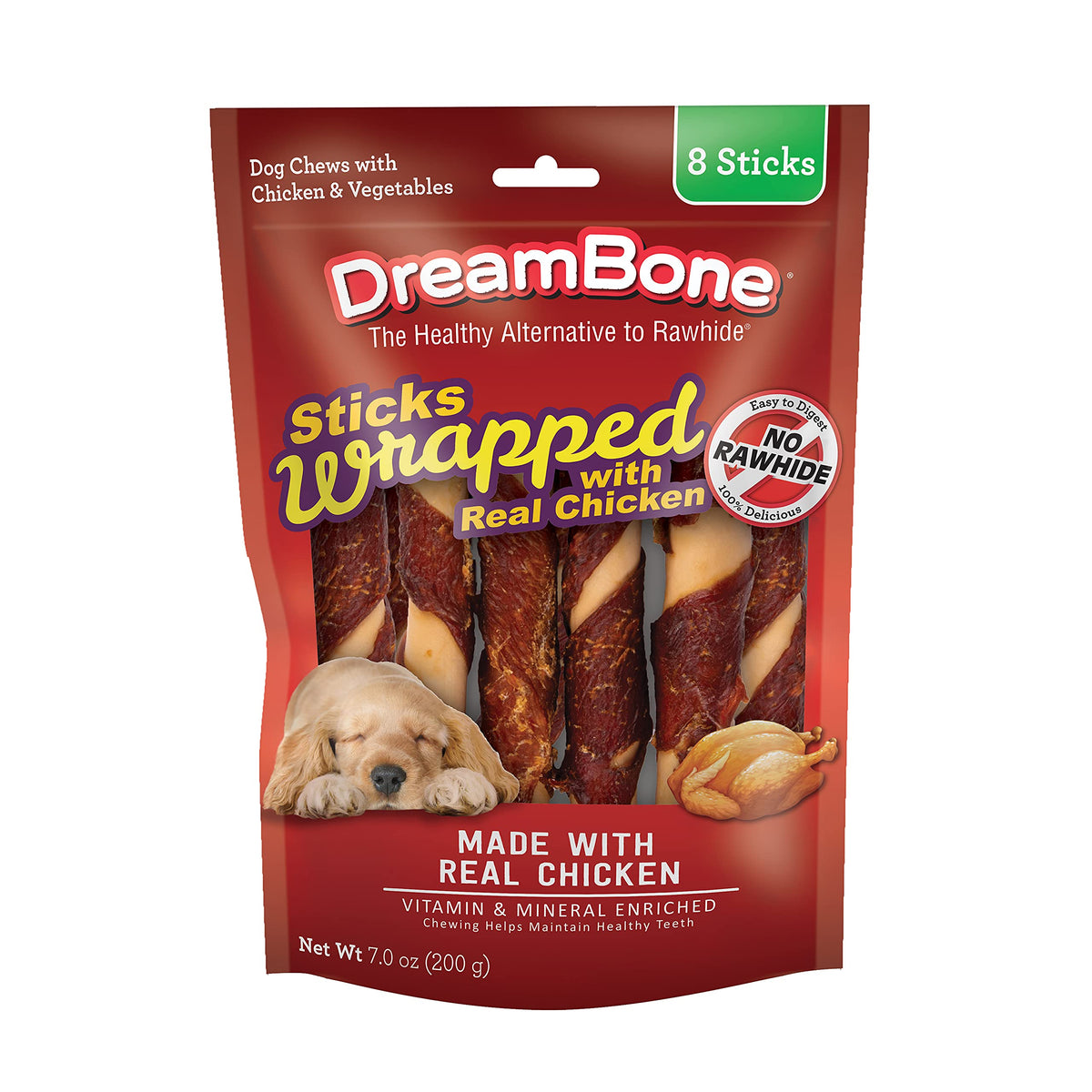 DreamBone envueltos de pollo, empaque visible, favorece la limpieza dental.