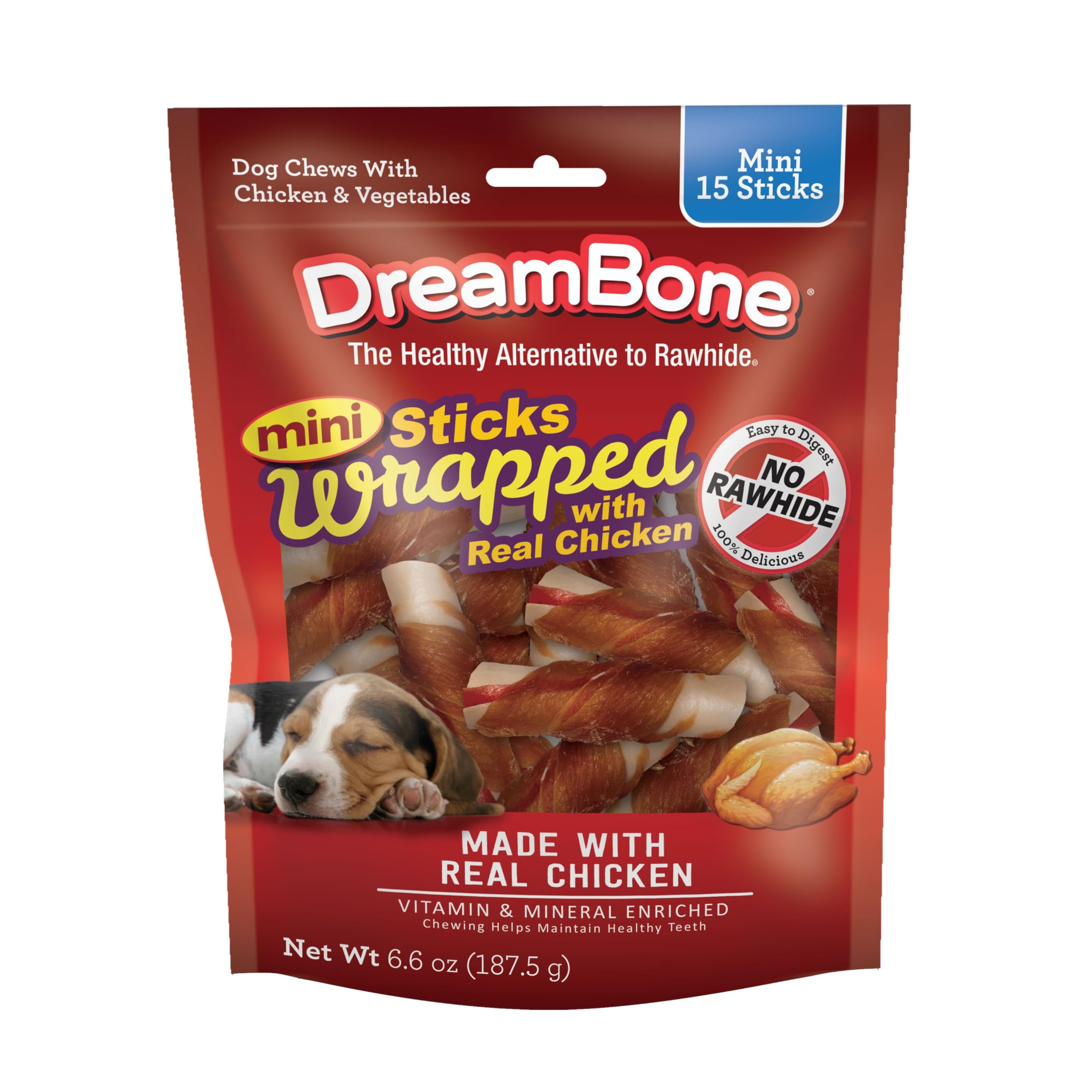 DreamBone Mini envueltos en pollo real, sabor delicioso que encanta a perros pequeños
