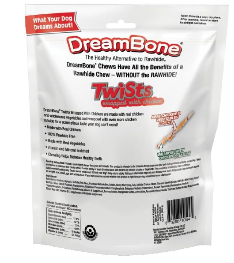 DreamBone palitos espiral con pollo real, textura apetitosa para perros activos