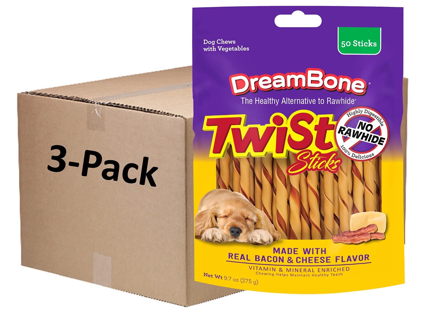 DreamBone palitos retorcidos con sabor tocino y queso para masticación sabrosa.