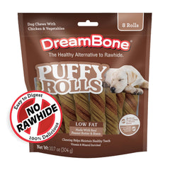 DreamBone Puffy Rolls: ingredientes clave visibles y sabor apetitoso para perros.