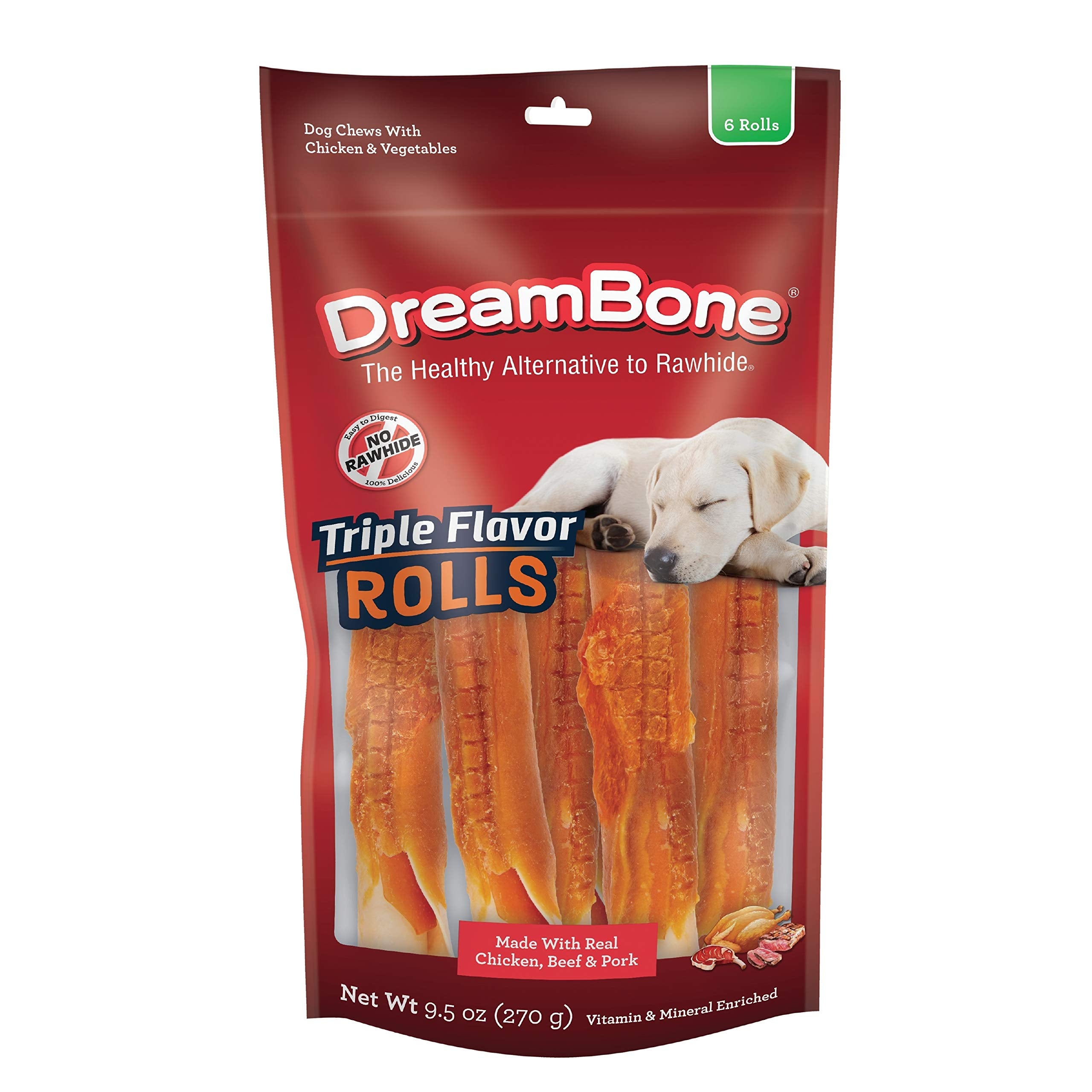 DreamBone Rollos Triple Sabor Pollo: masticables sin cuero y ayudan a la higiene dental al masticar.