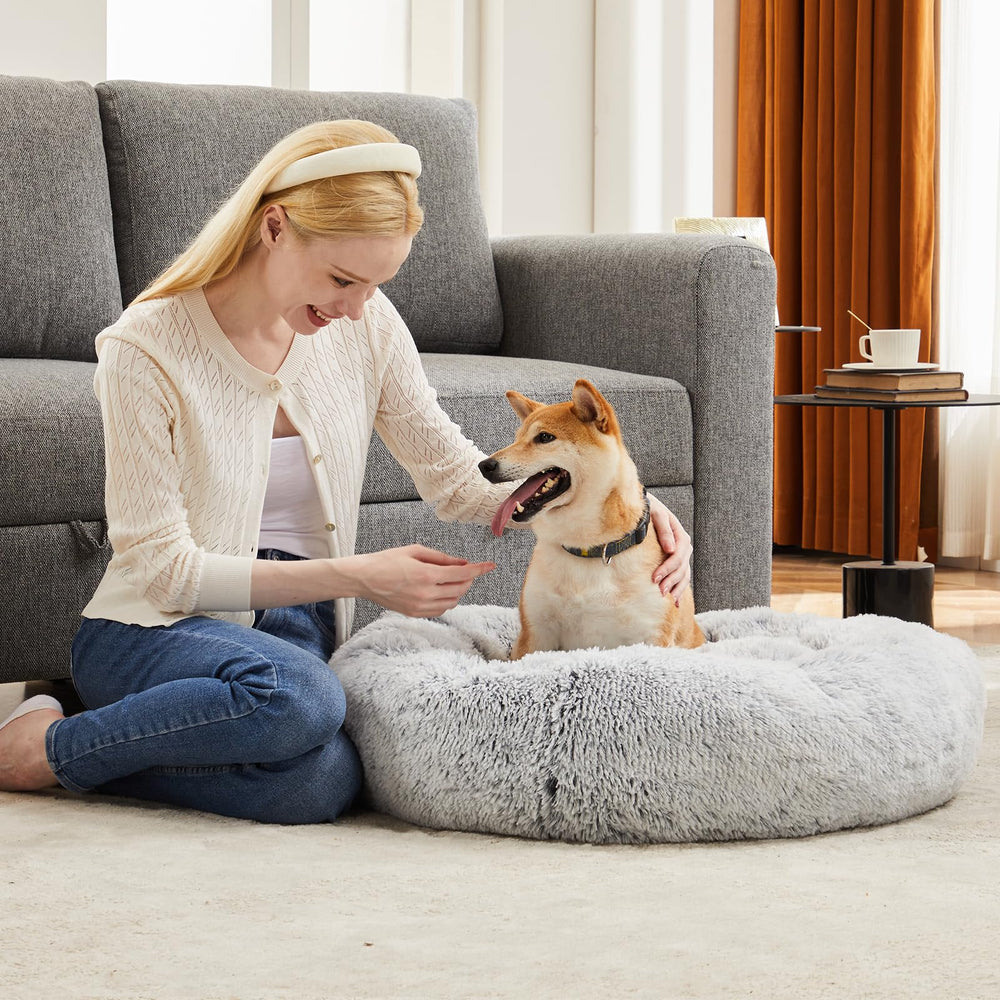 Mascota en cama rosquilla DUMOS gris grande, ambiente cálido y seguro en casa.