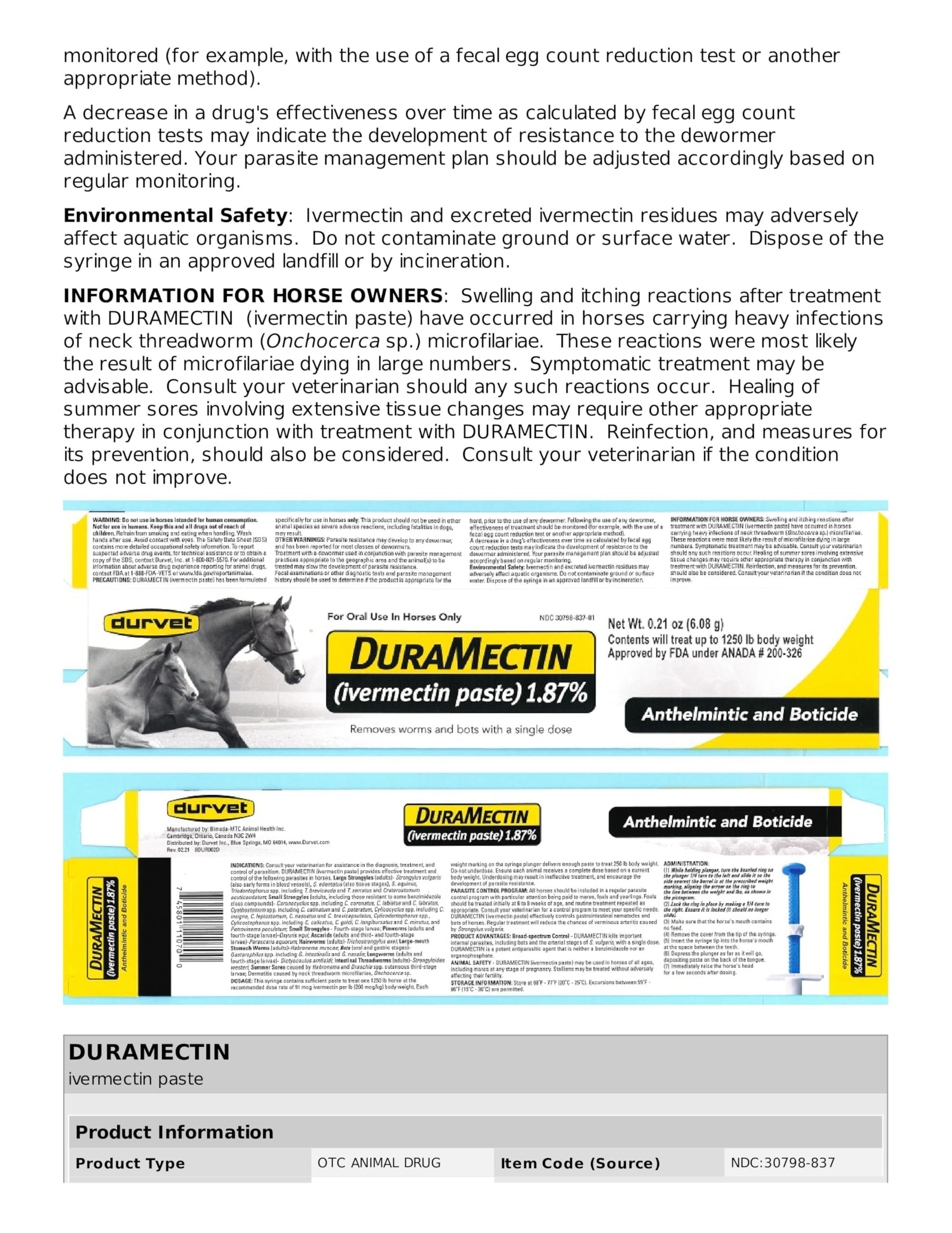 Tubo compacto de Duramectin Paste para uso en establo.