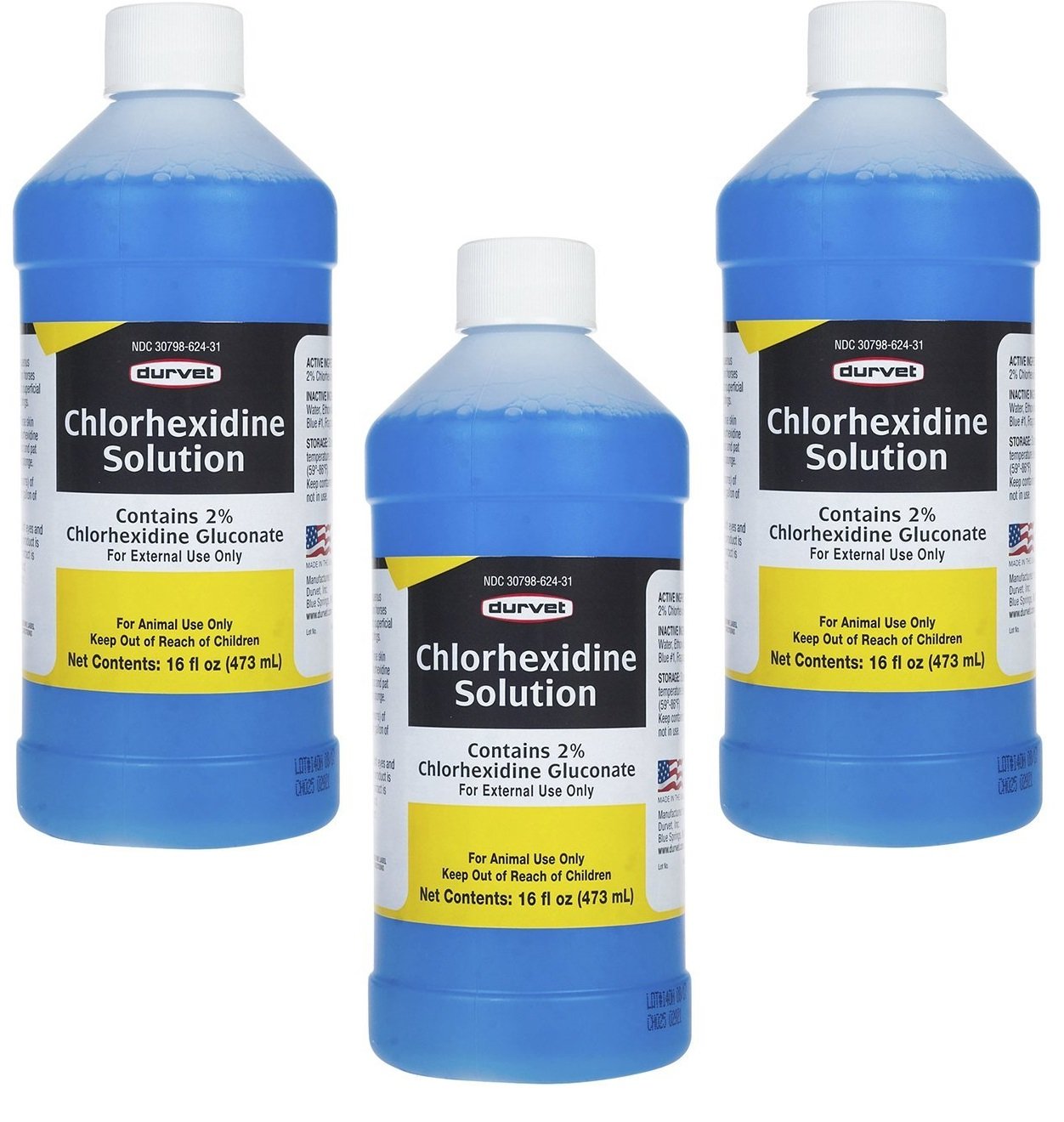 Botellas de Durvet clorhexidina 16 onzas para limpieza de heridas superficiales.