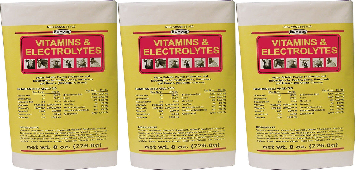 Durvet vitaminas y electrolitos 8 onzas, pack de tres, ideal para apoyar la hidratación.