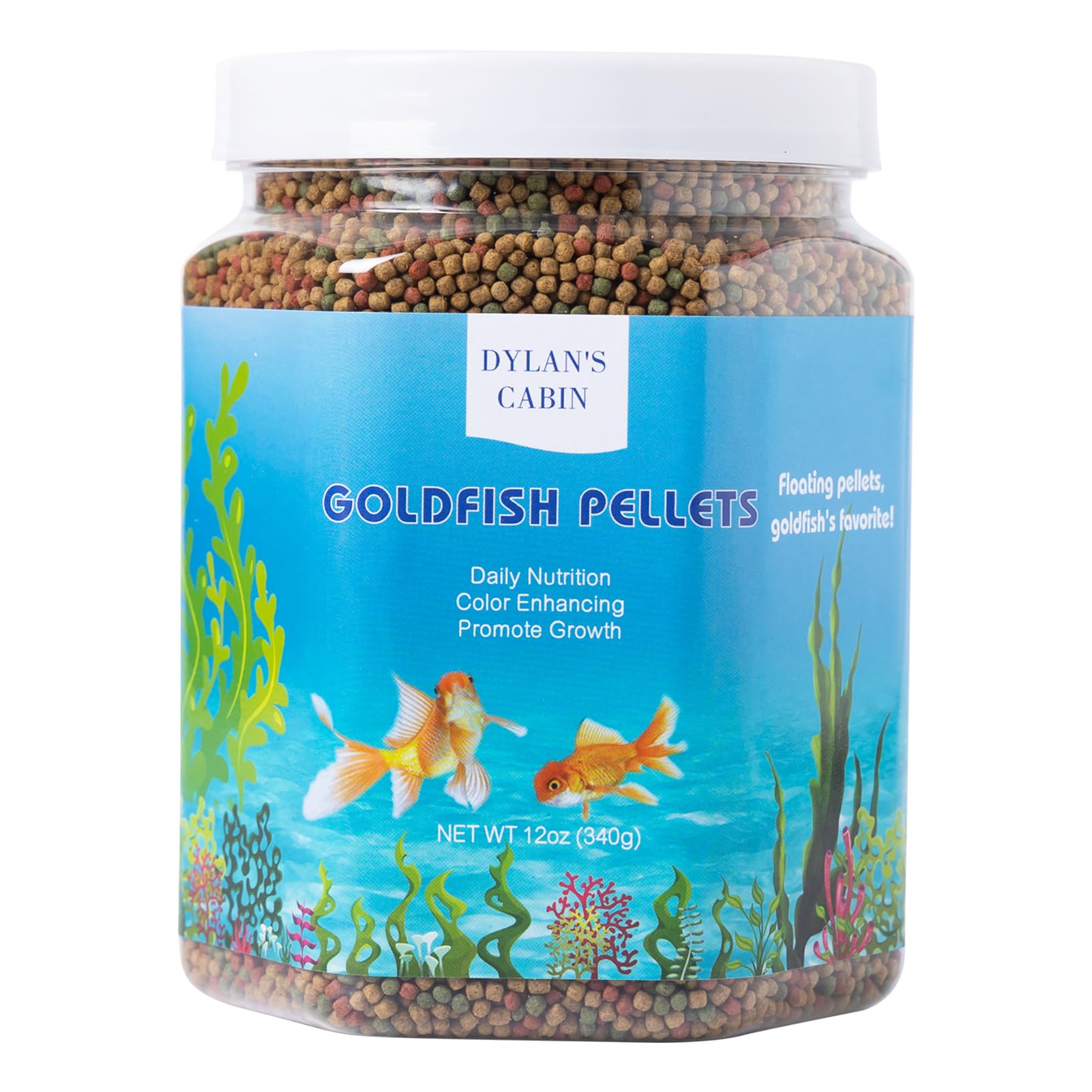 Pellets flotantes Dylan's cabin para goldfish mostrando textura y formato conveniente para alimentación diaria.