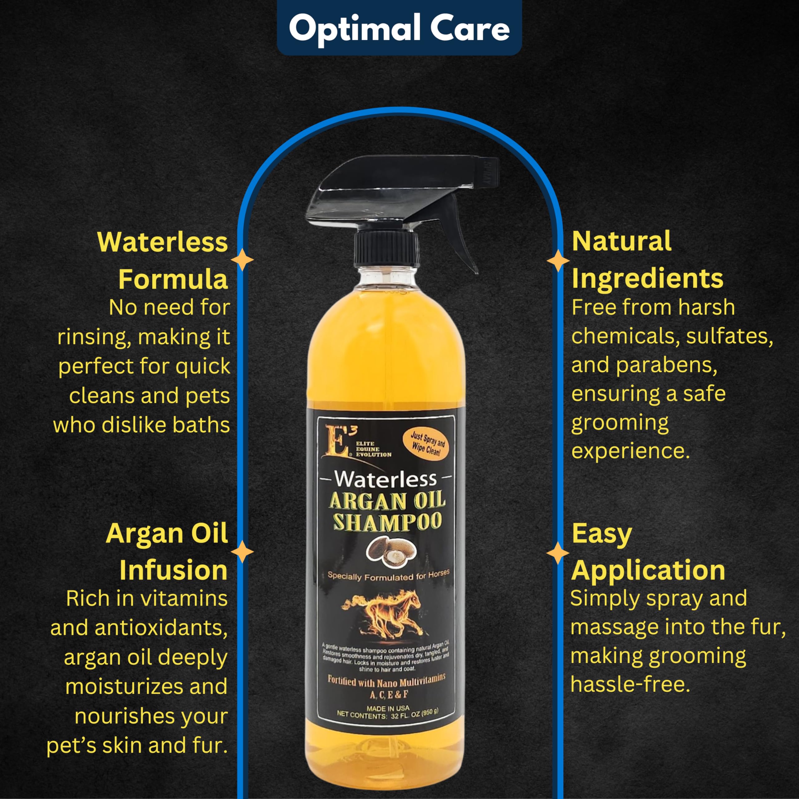 E3 Argan sin agua, aplicación suave para caballos, facilita el lavado sin mojar.