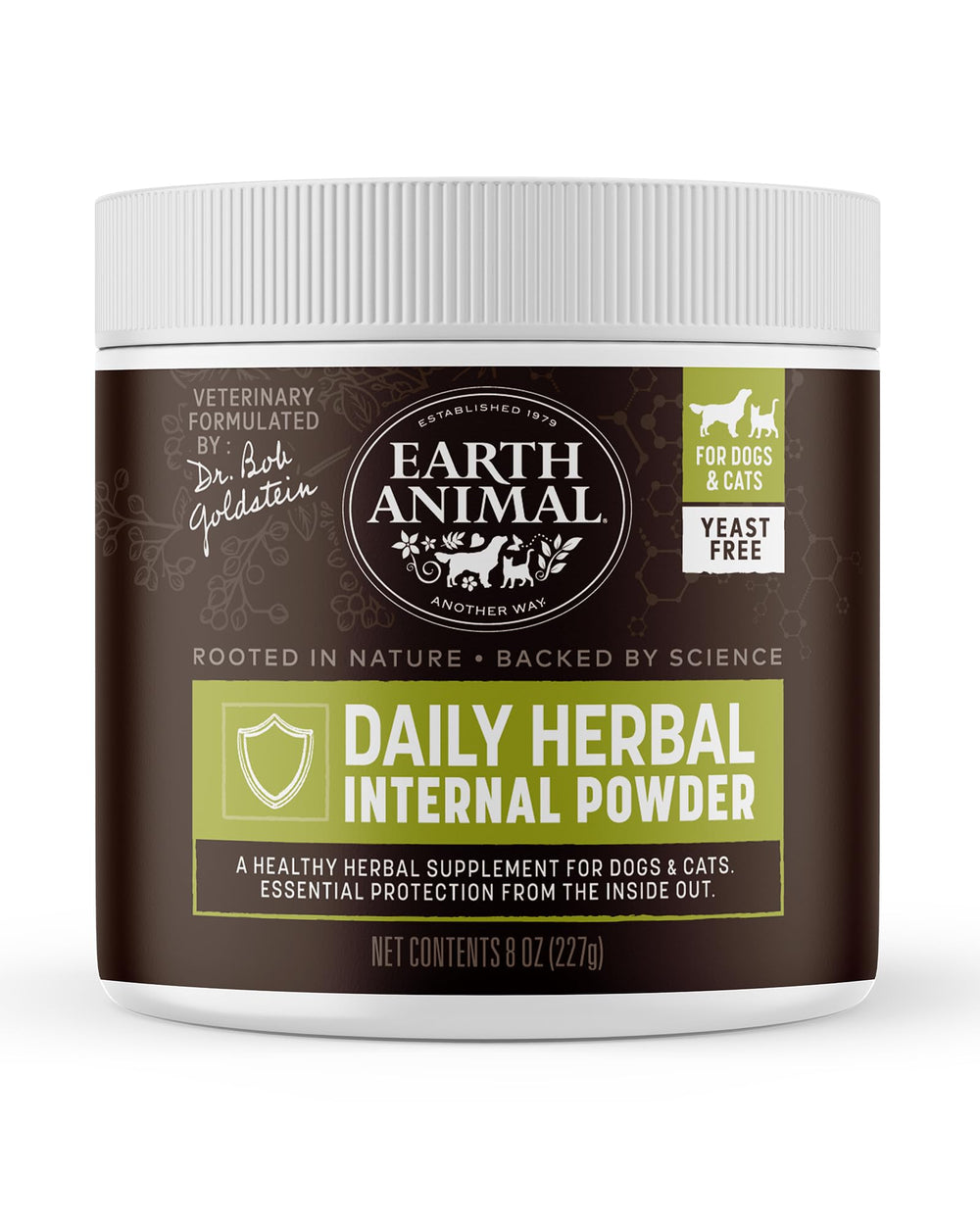 Polvo herbal de Earth Animal Apothecary para protección natural de perros y gatos.