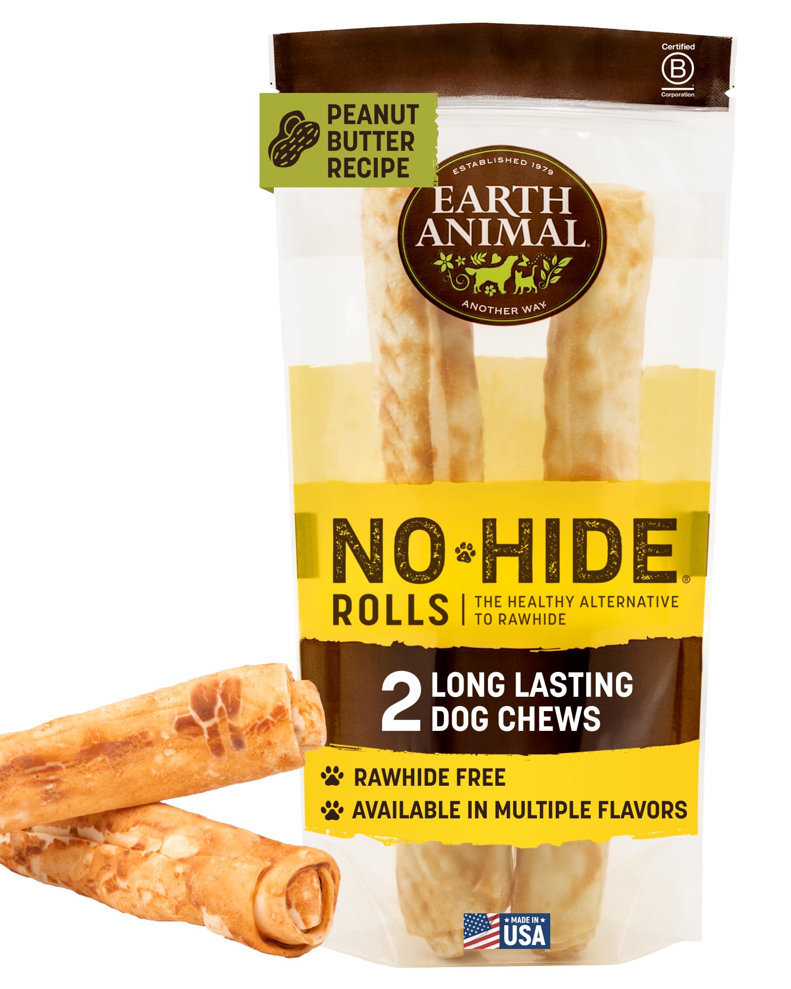 Earth Animal No Hide Chews para perros grandes, textura masticable con mantequilla de maní