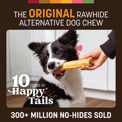 Textura firme de Earth Animal No Hide Chews para perros activos sin cuero crudo.