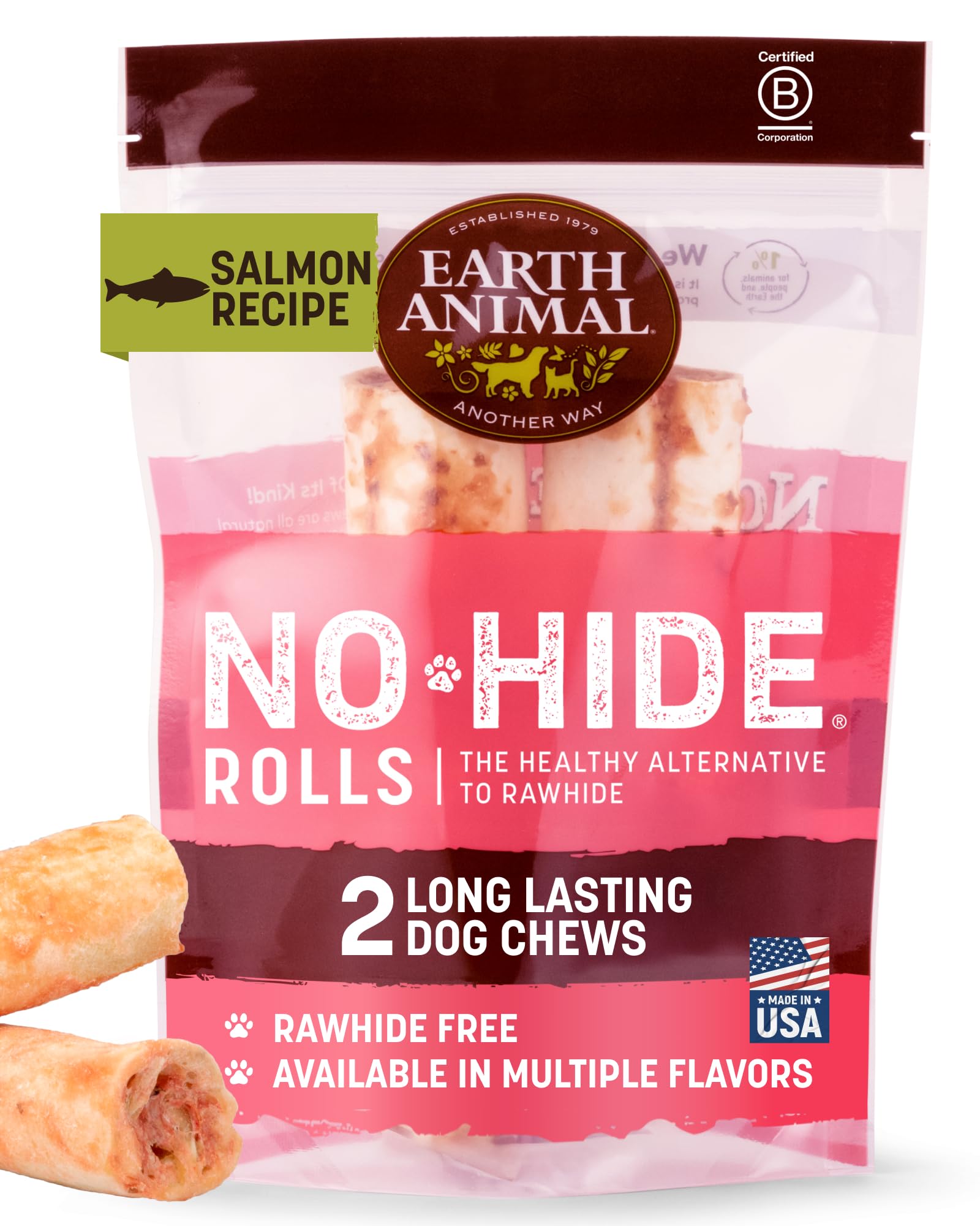 Earth Animal No Hide Chews, rollos de salmón medianos, masticación duradera.
