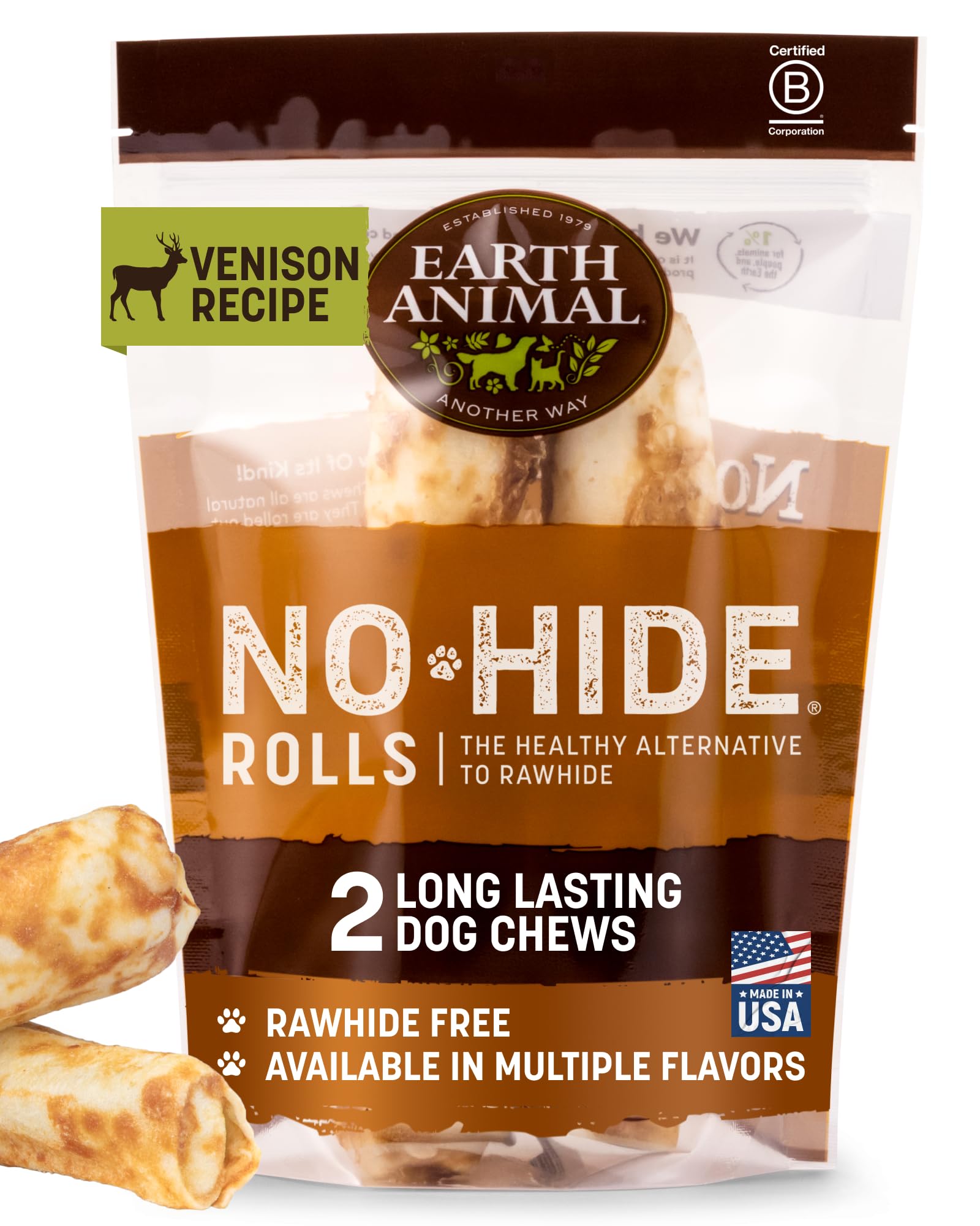 Earth Animal No Hide Chews, rollos de venado, masticación duradera para perros medianos