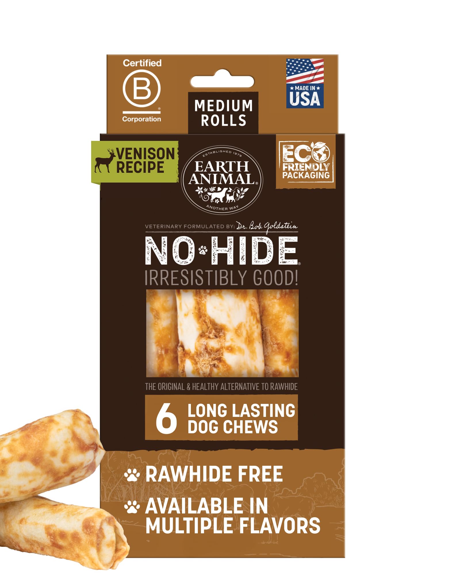 Earth Animal No Hide Chews rollos venison medianos para masticación prolongada