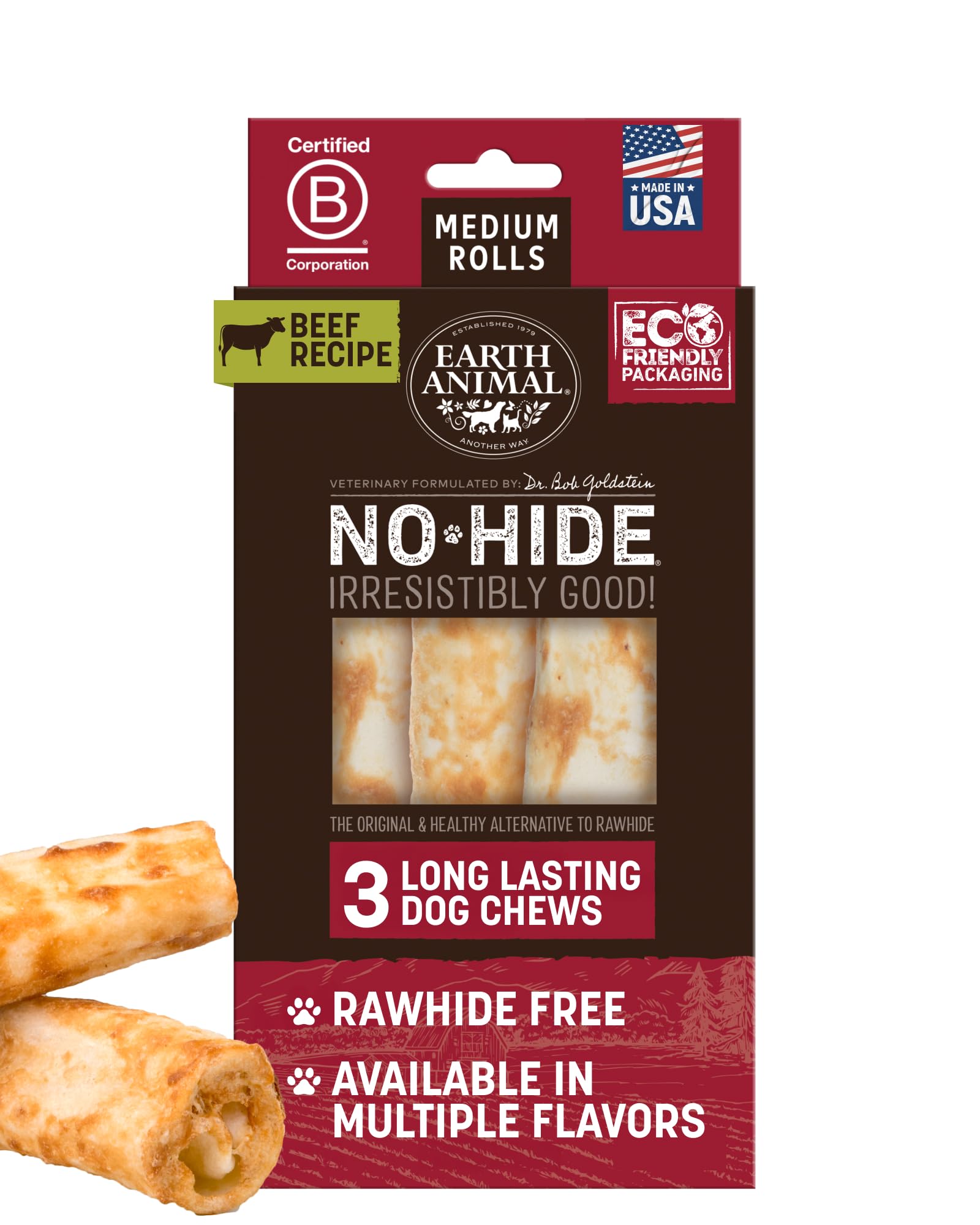 Earth Animal No-Hide rollos mediano para perro, masticación prolongada de carne.
