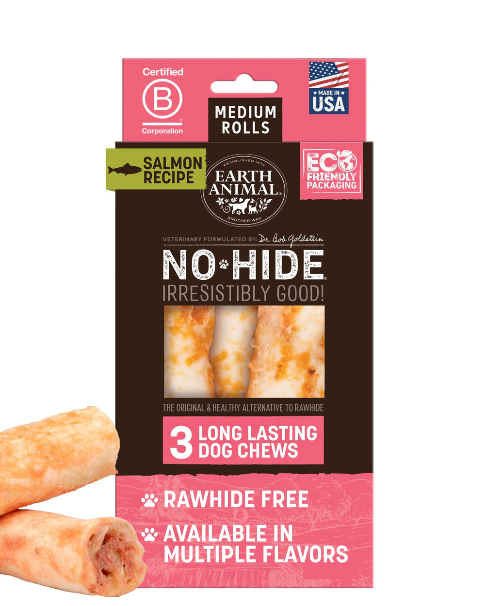 Earth Animal No Hide rollos salmón mediano, higiene dental suave para perros.