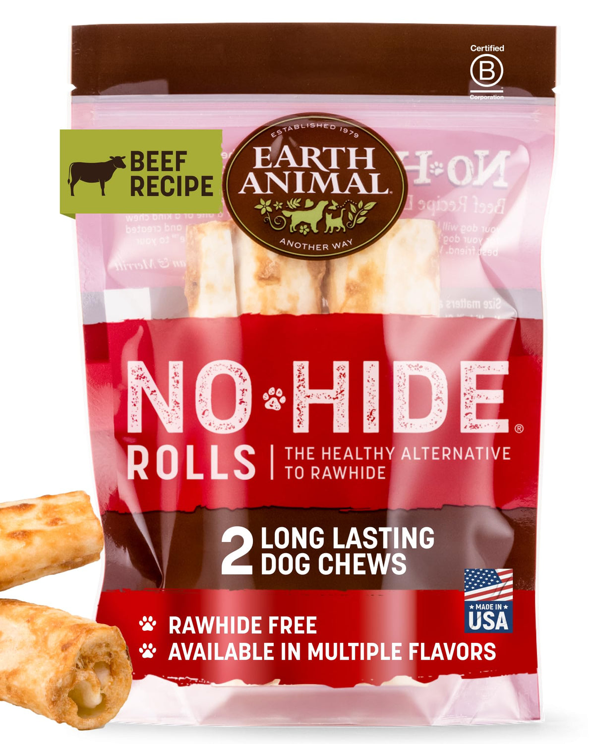 Earth Animal No Hide rollos de ternera, dos unidades, masticación duradera para perros medianos