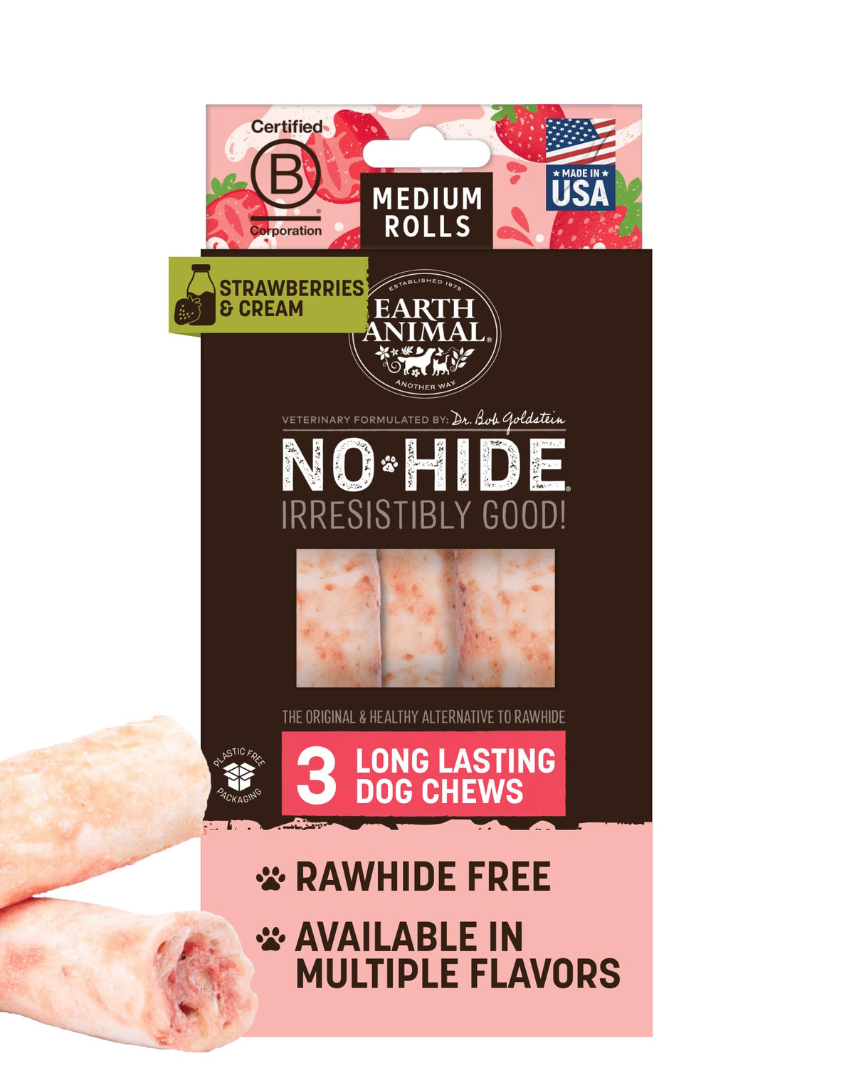 Earth Animal No-Hide Rollos Fresas y Crema: empaque 3 pack práctico para dueños.