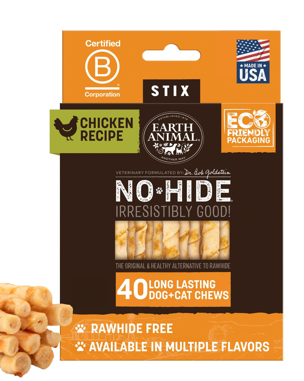 Earth Animal No Hide Stix: empaque de 40 piezas para morder por más tiempo.