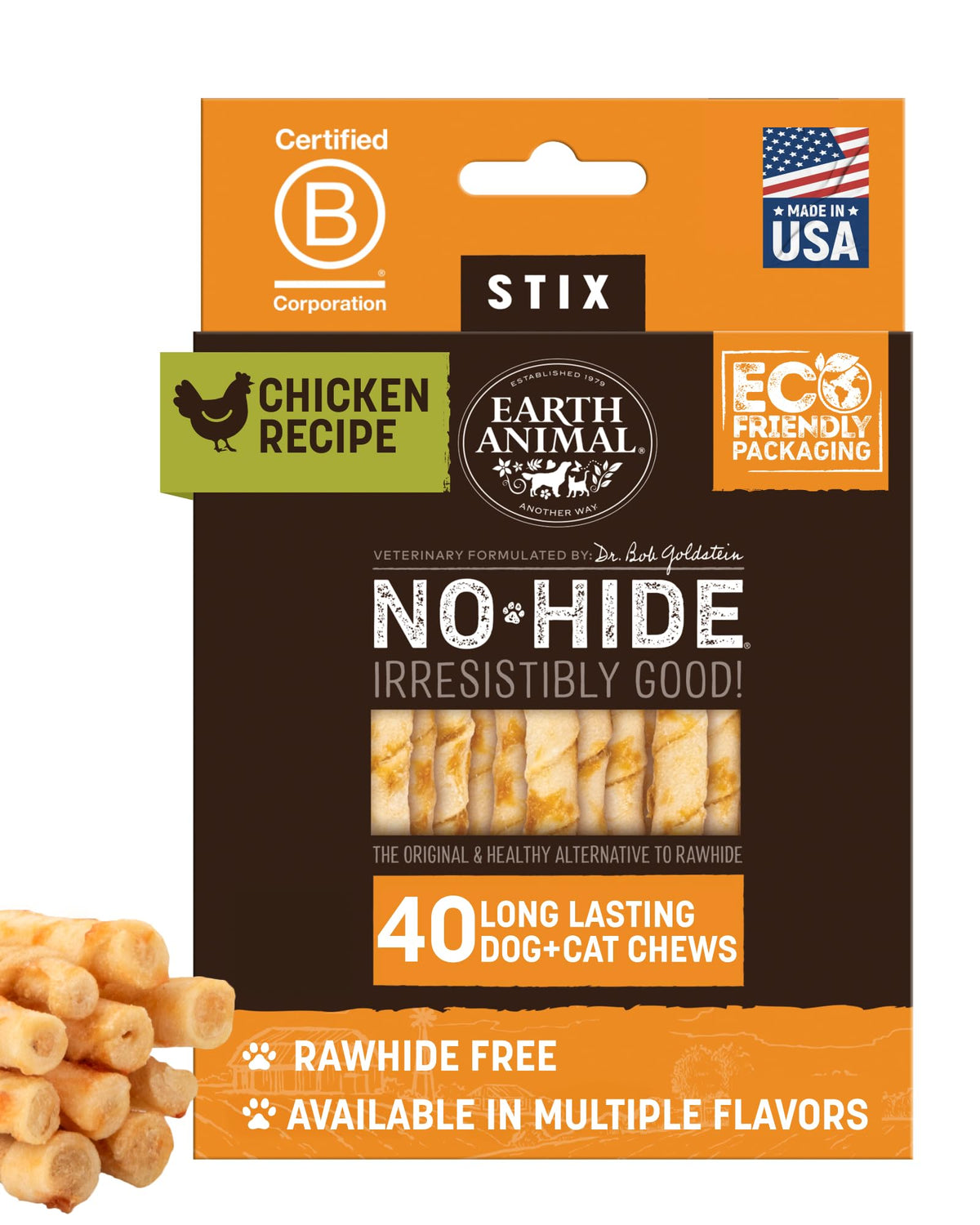 Earth Animal No Hide Stix: empaque de 40 piezas para morder por más tiempo.