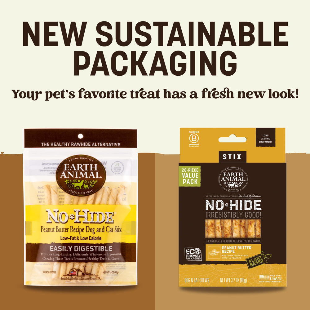Earth Animal No Hide Stix mantequilla de maní, masticación segura para perros pequeños.