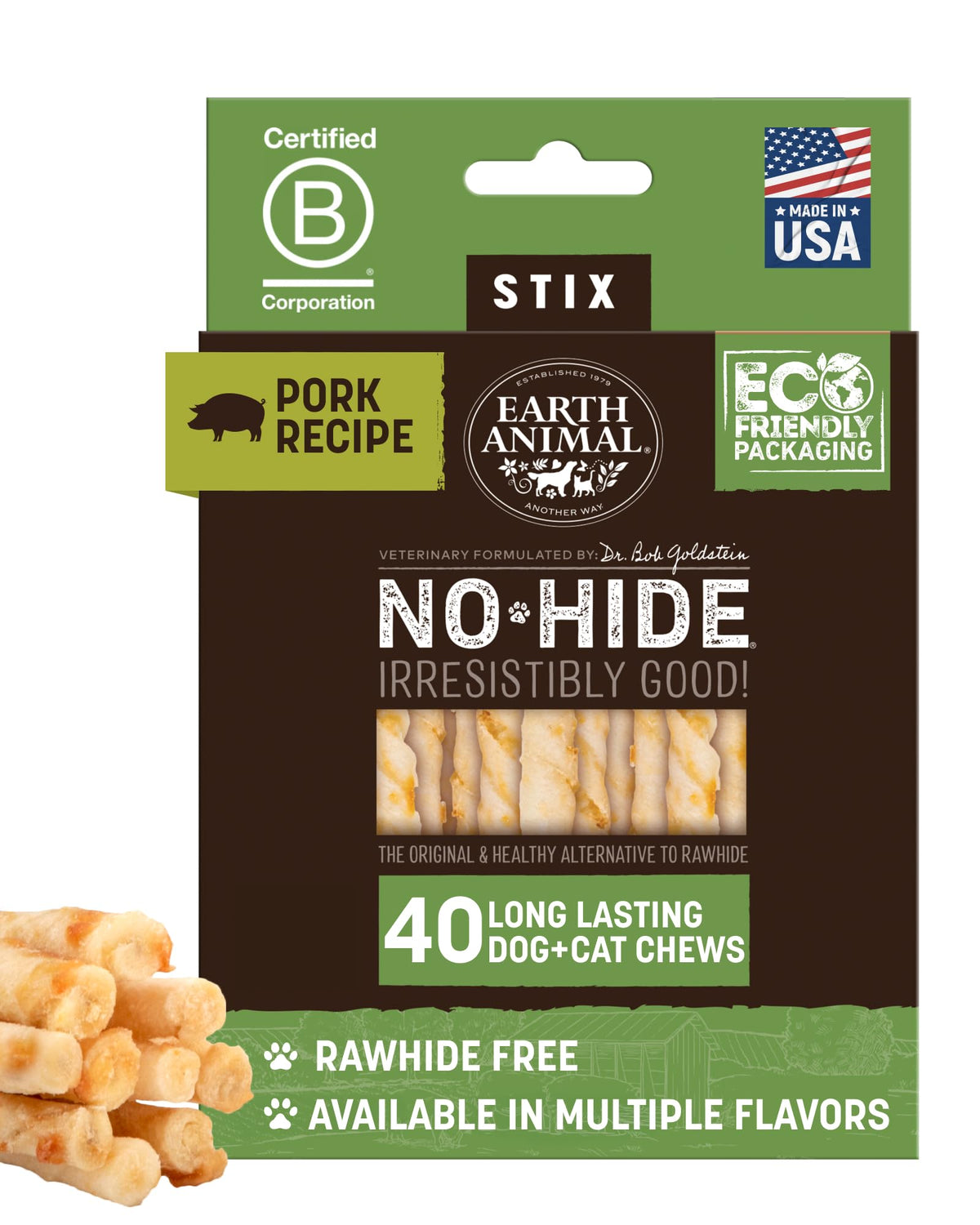 Earth Animal No Hide Stix en bolsa, paquete de 40 piezas, masticación prolongada para perros pequeños.