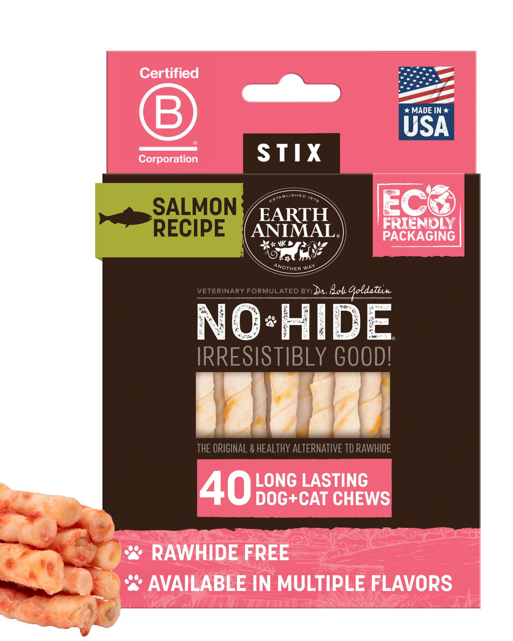Earth Animal No Hide Stix con salmón, ideal para perros pequeños y masticación duradera