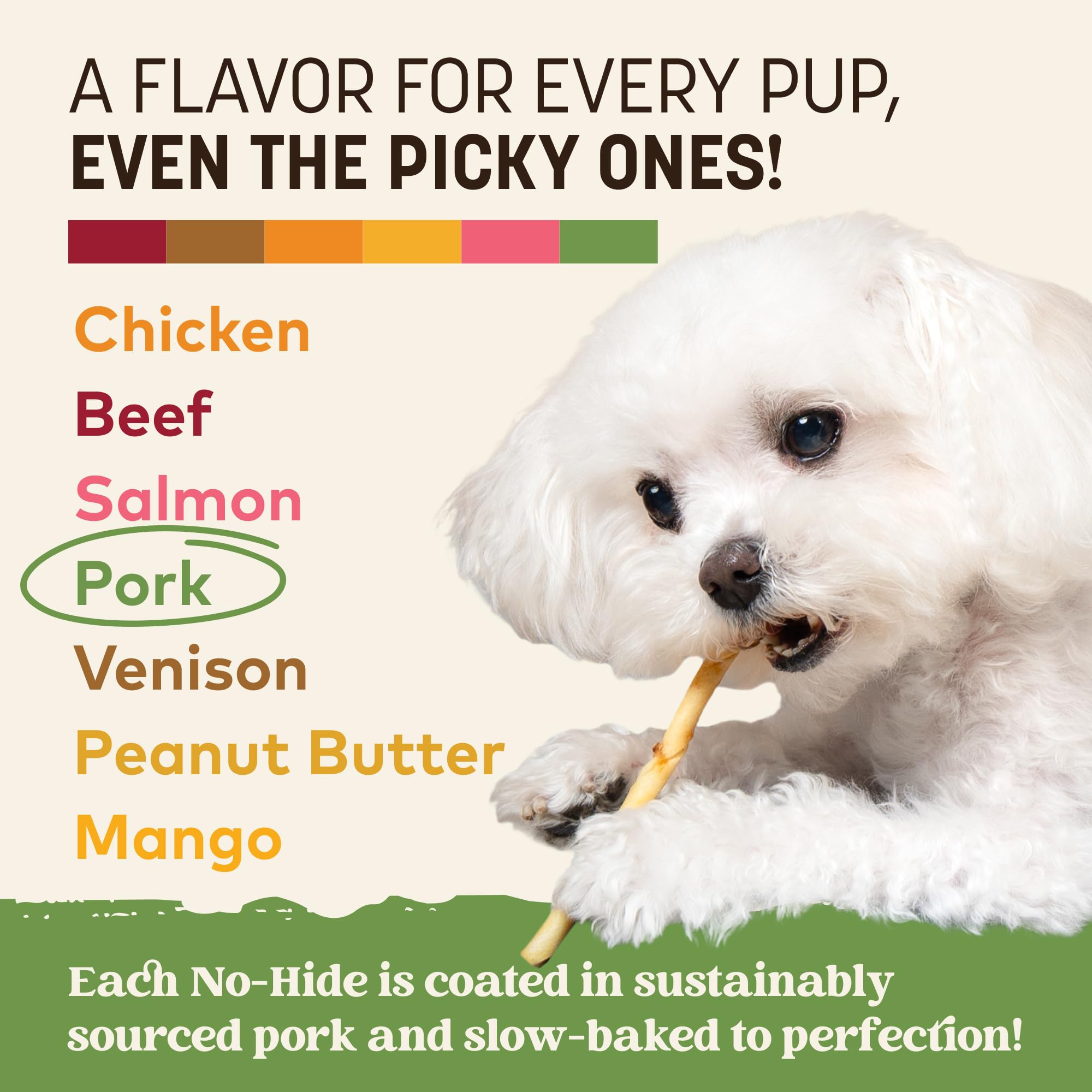 Earth Animal No Hide Stix sin blanqueadores, masticación segura para perros pequeños.