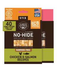Earth Animal No Hide Stix de pollo y salmón, masticación sabrosa y prolongada.