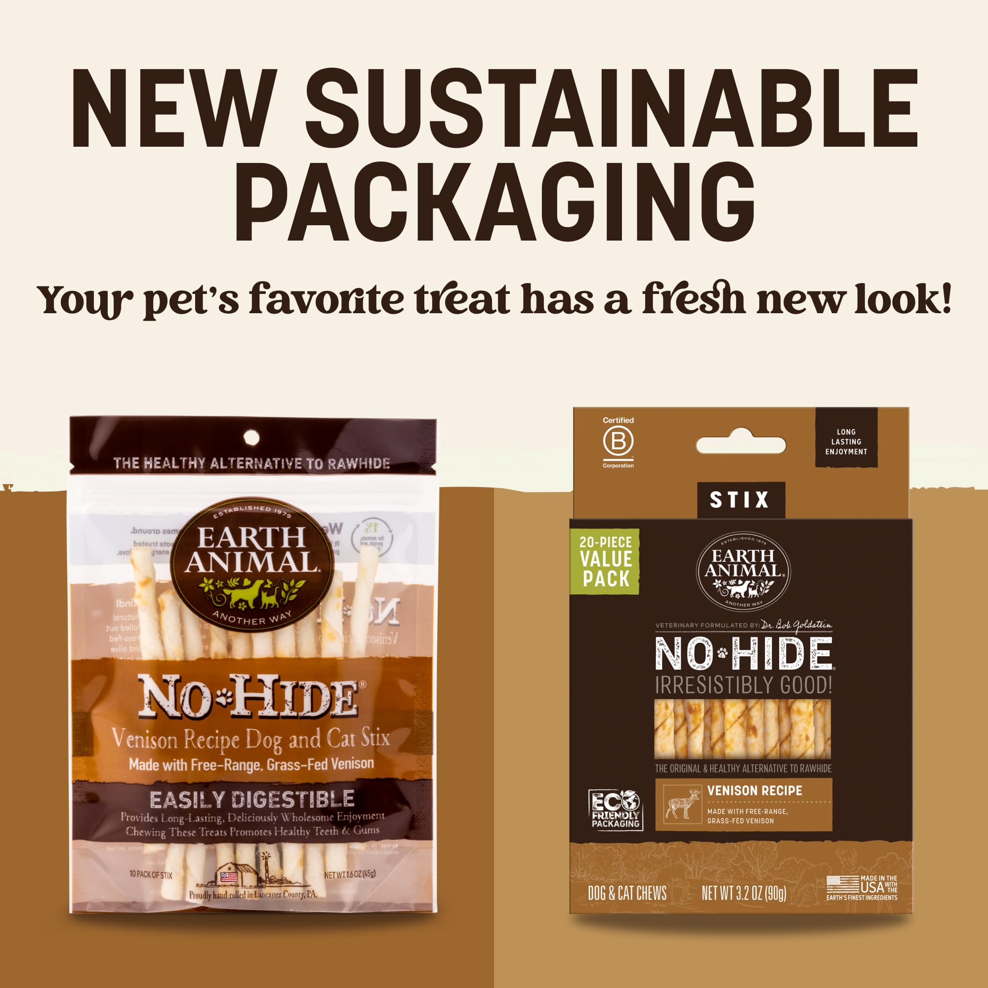 Primer plano de No Hide Stix de venado, masticables para mascotas pequeñas.