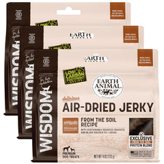 Earth Animal Wisdom jerky aire seco tiras 3 paquetes 4 onzas, snack práctico para entrenar.