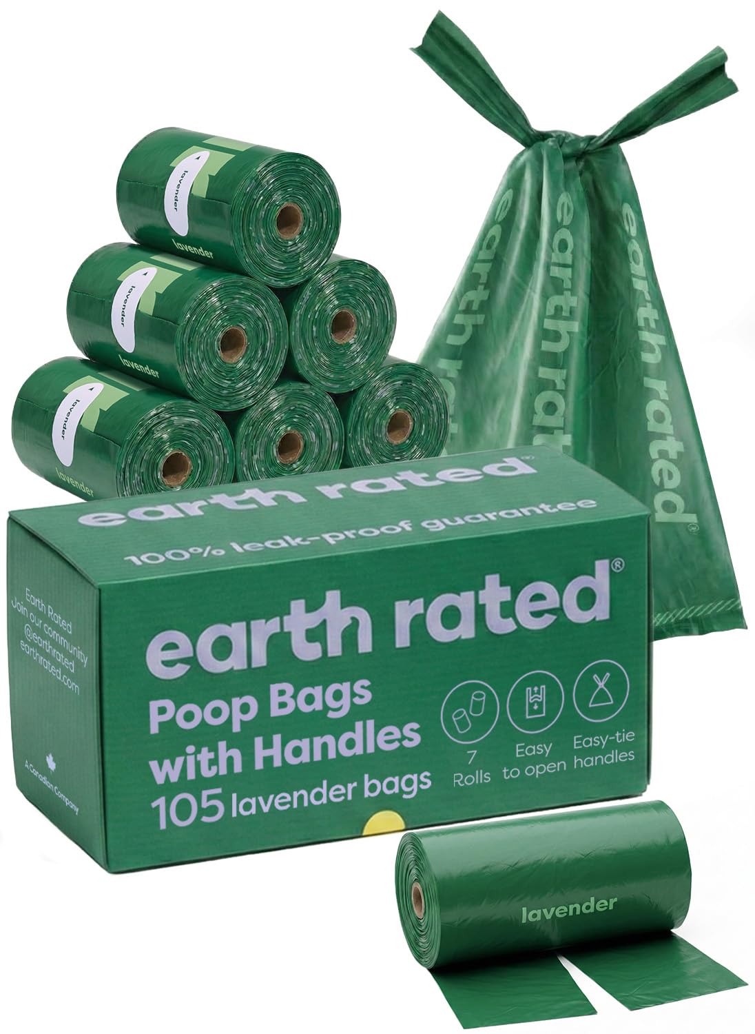 Earth Rated bolsas para caca con manijas en rollo, apertura amplia para recogidas grandes.