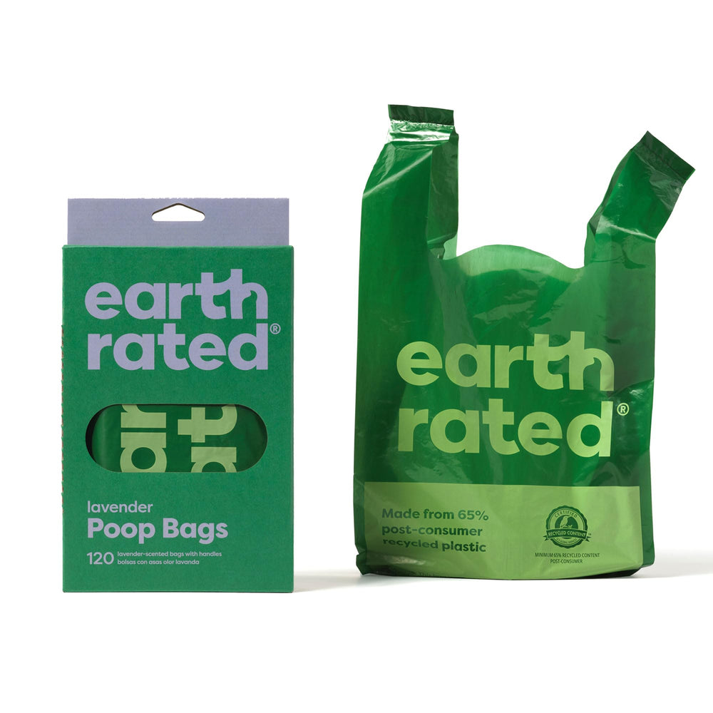 Earth Rated bolsas para perros con asas extraanchas, lavanda, manejo cómodo.