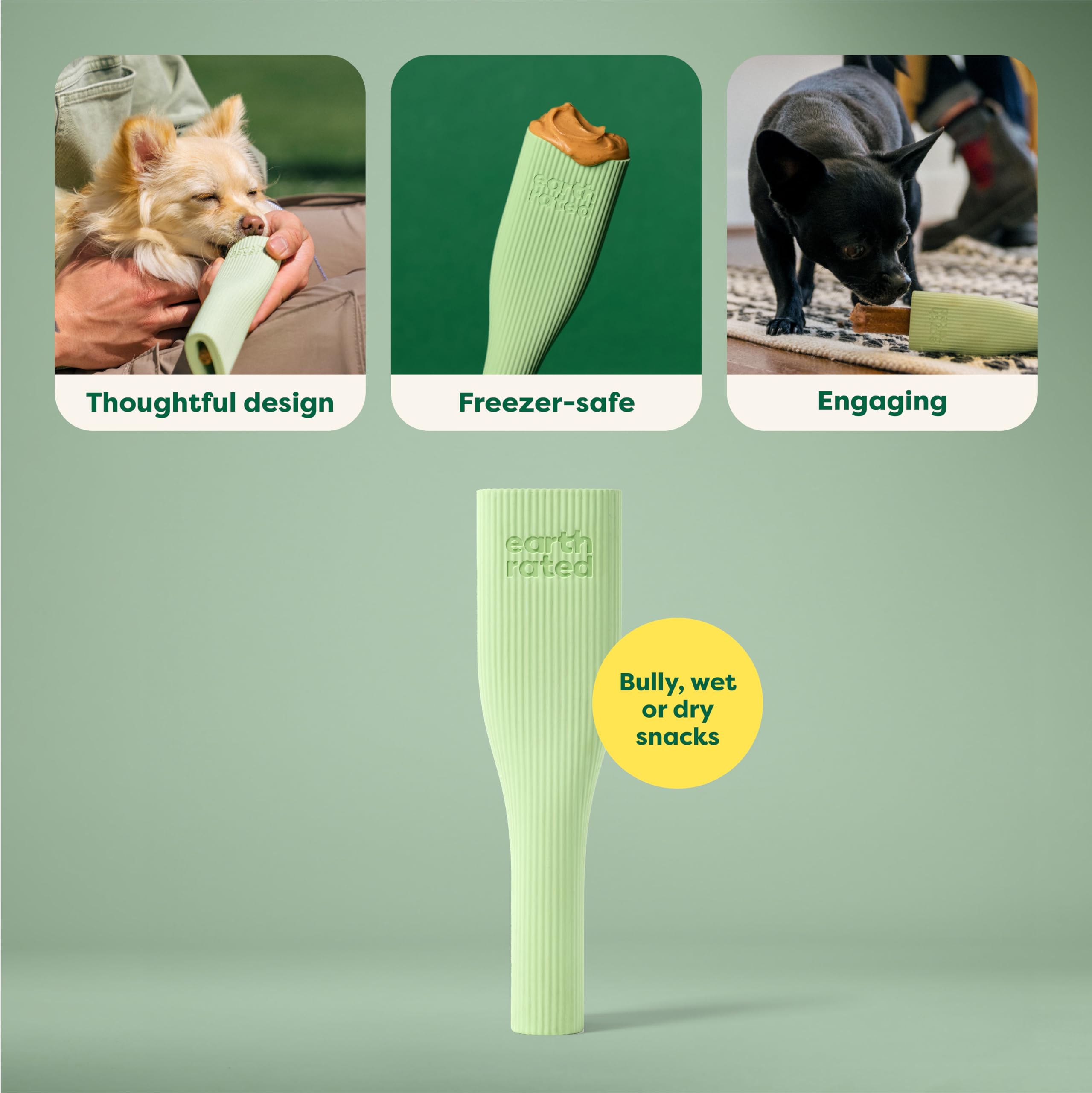 Earth Rated Juguete de caucho natural, superficie ribeteada para agarre cómodo.