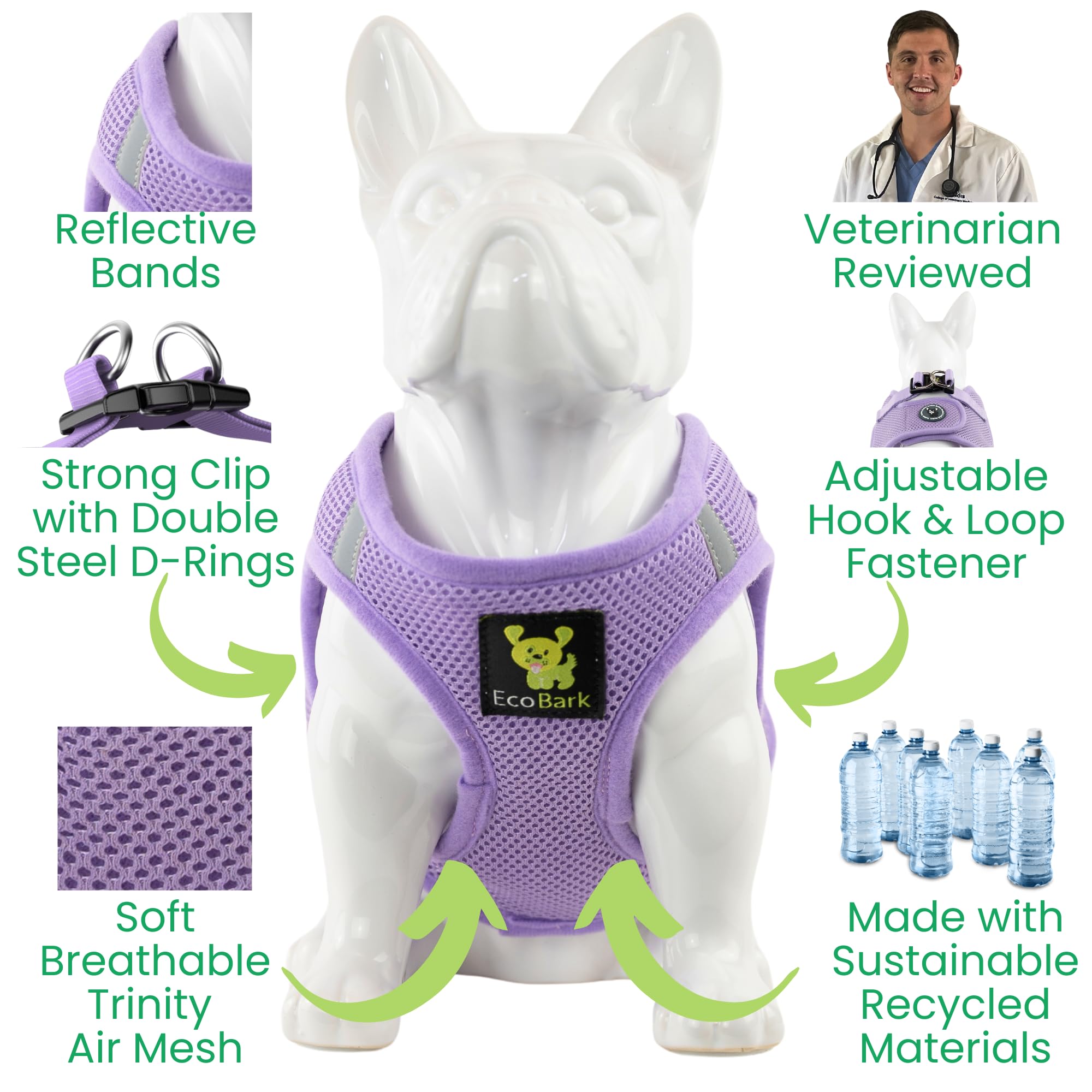 Harnais EcoBark anti-fuite lavande, résistant et sûr pour petites balades.