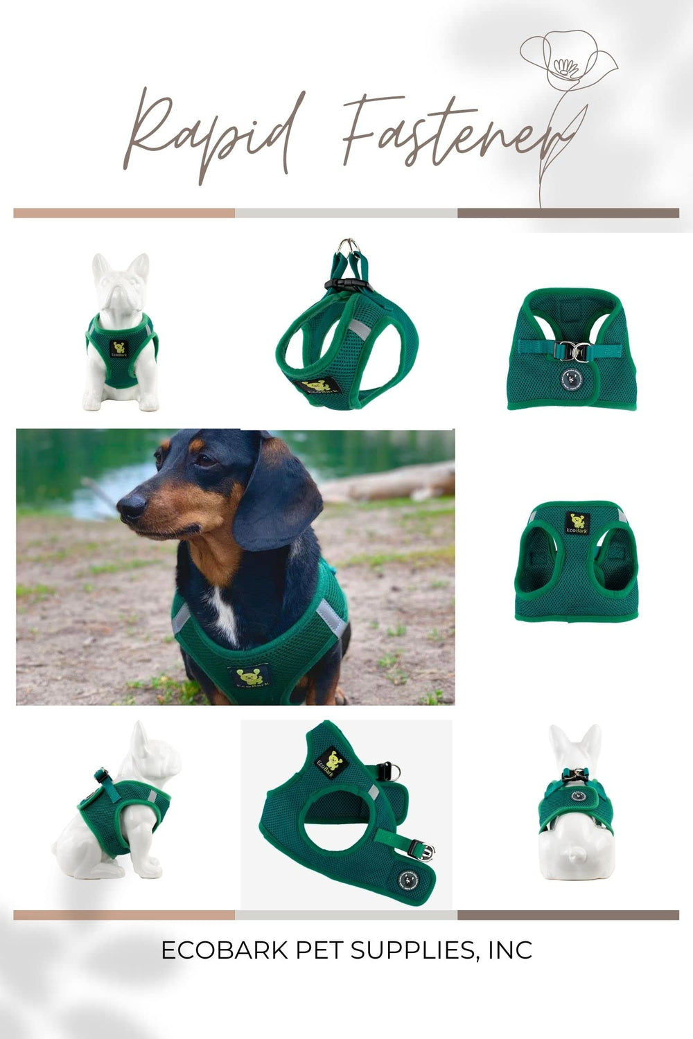 EcoBark arnés con correas reflectivas para mejor visibilidad nocturna.