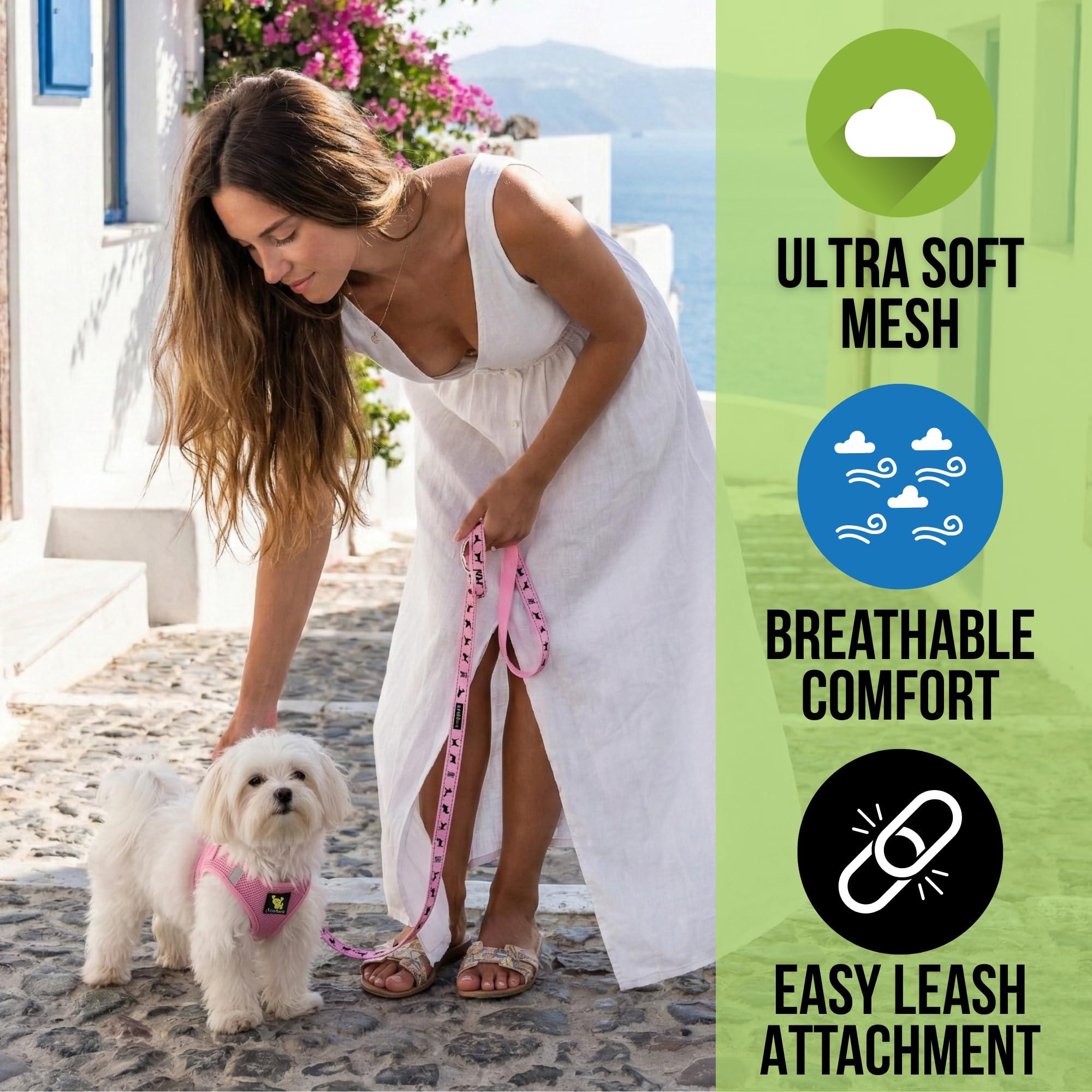 EcoBark arnés canino rosa bebé paso en malla dorsal para paseo seguro.