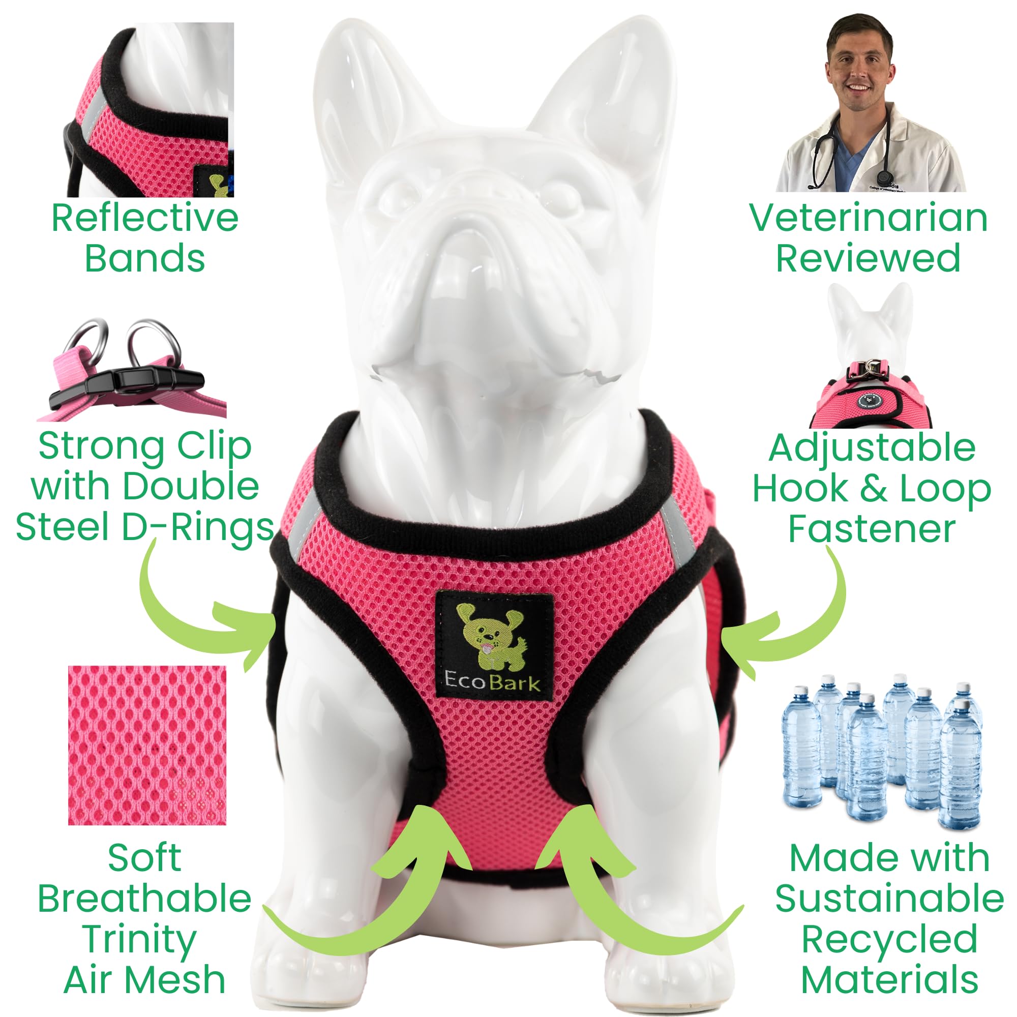EcoBark Step in: arnés tejido anti-rozadura protege la piel durante paseos.