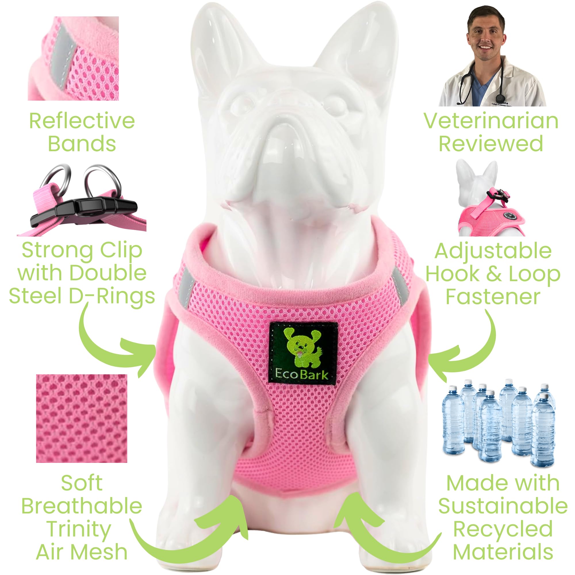 EcoBark Teacup arnés, diseño anti rozaduras para piel sensible.